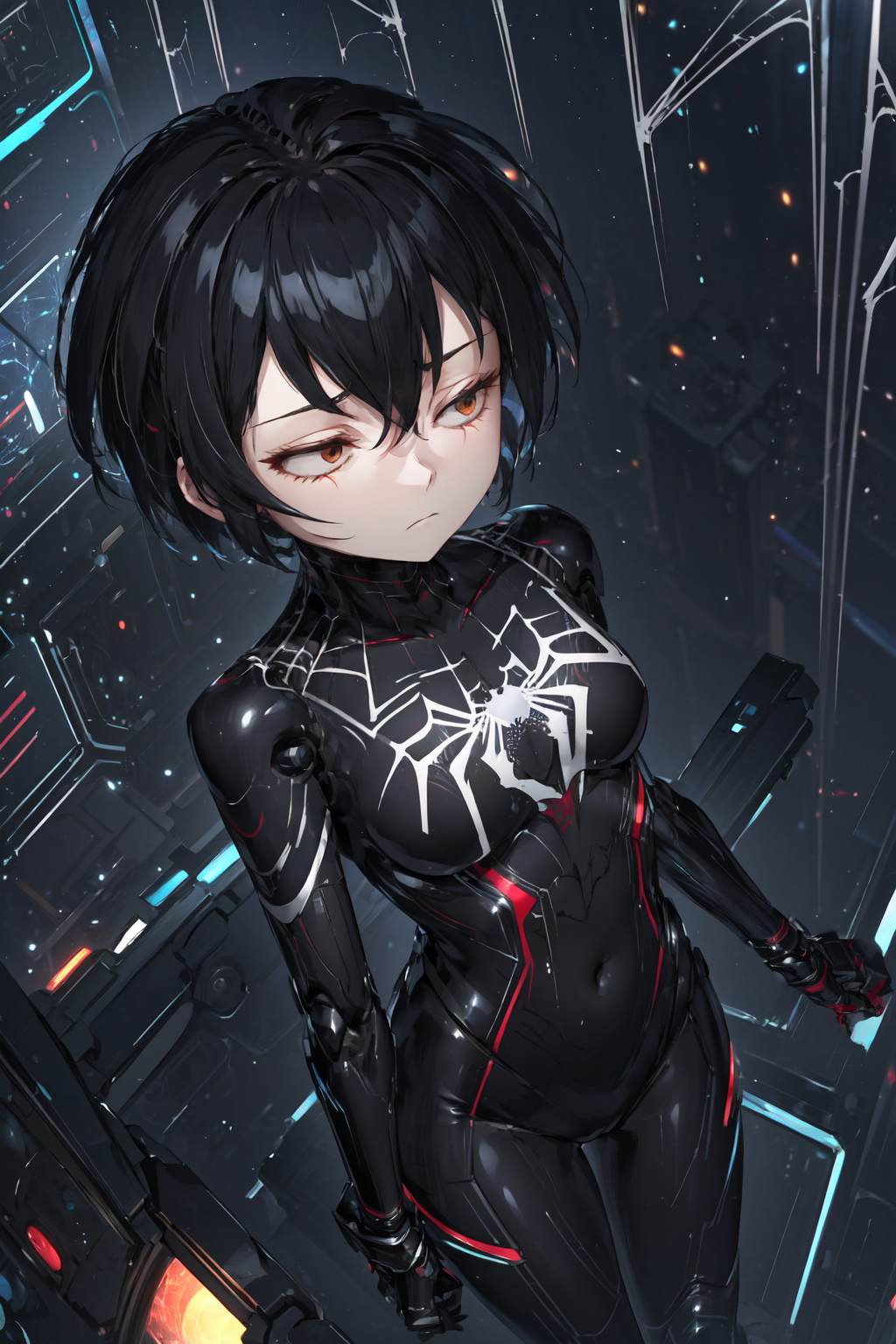 00795-1945956271-masterpiece,best quality,1girl,solo,peniparker,black hair,brown eyes,short hair,pale skin,plugsuit,bodysuit,(spider web print_1.png